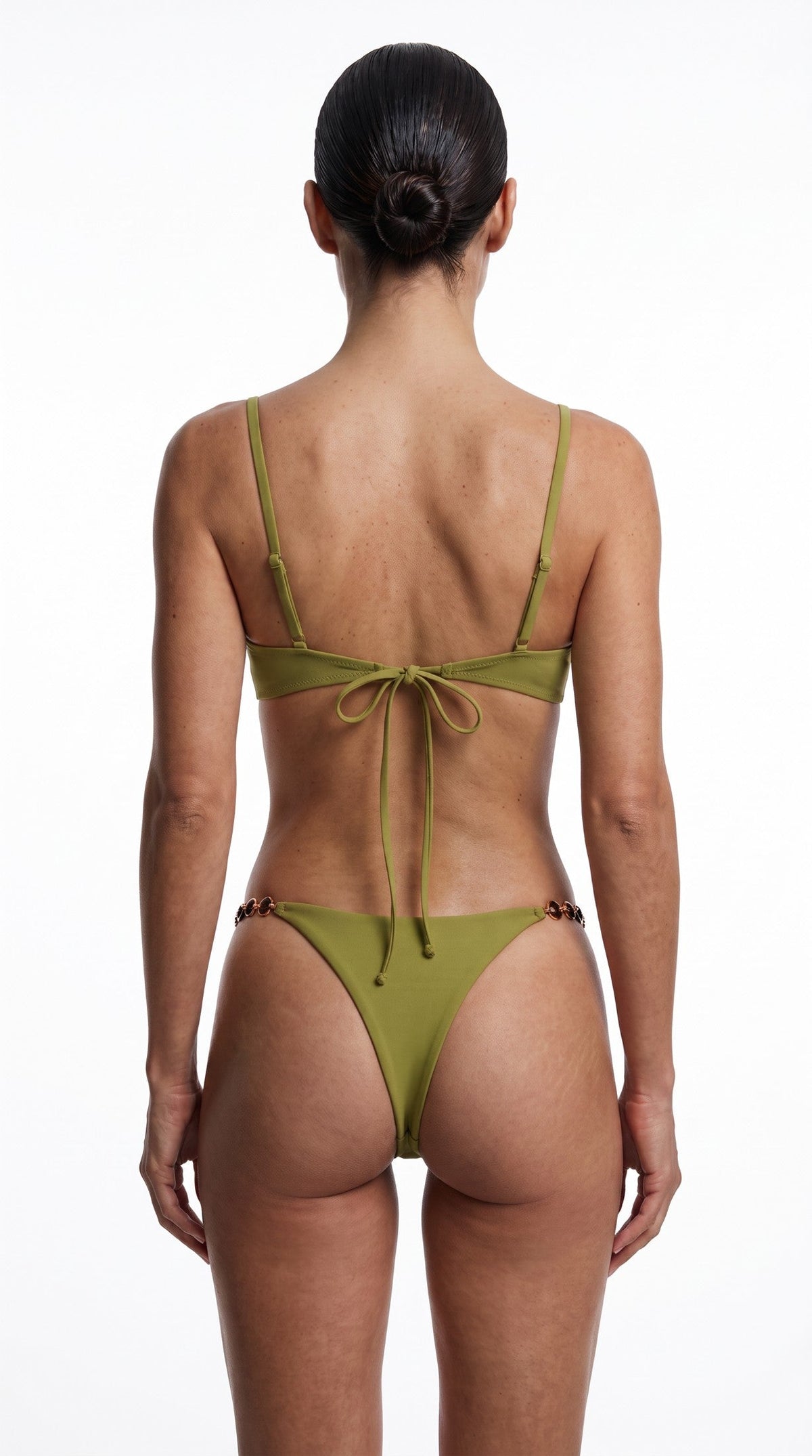 Model wearing the Sienna Brazilian bikini bottom, back view - Martini Olive